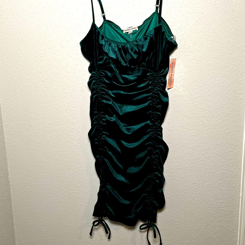 Spaghetti Strapped Velvety Like Emerald Green Ruched Mini Dress Sz XL